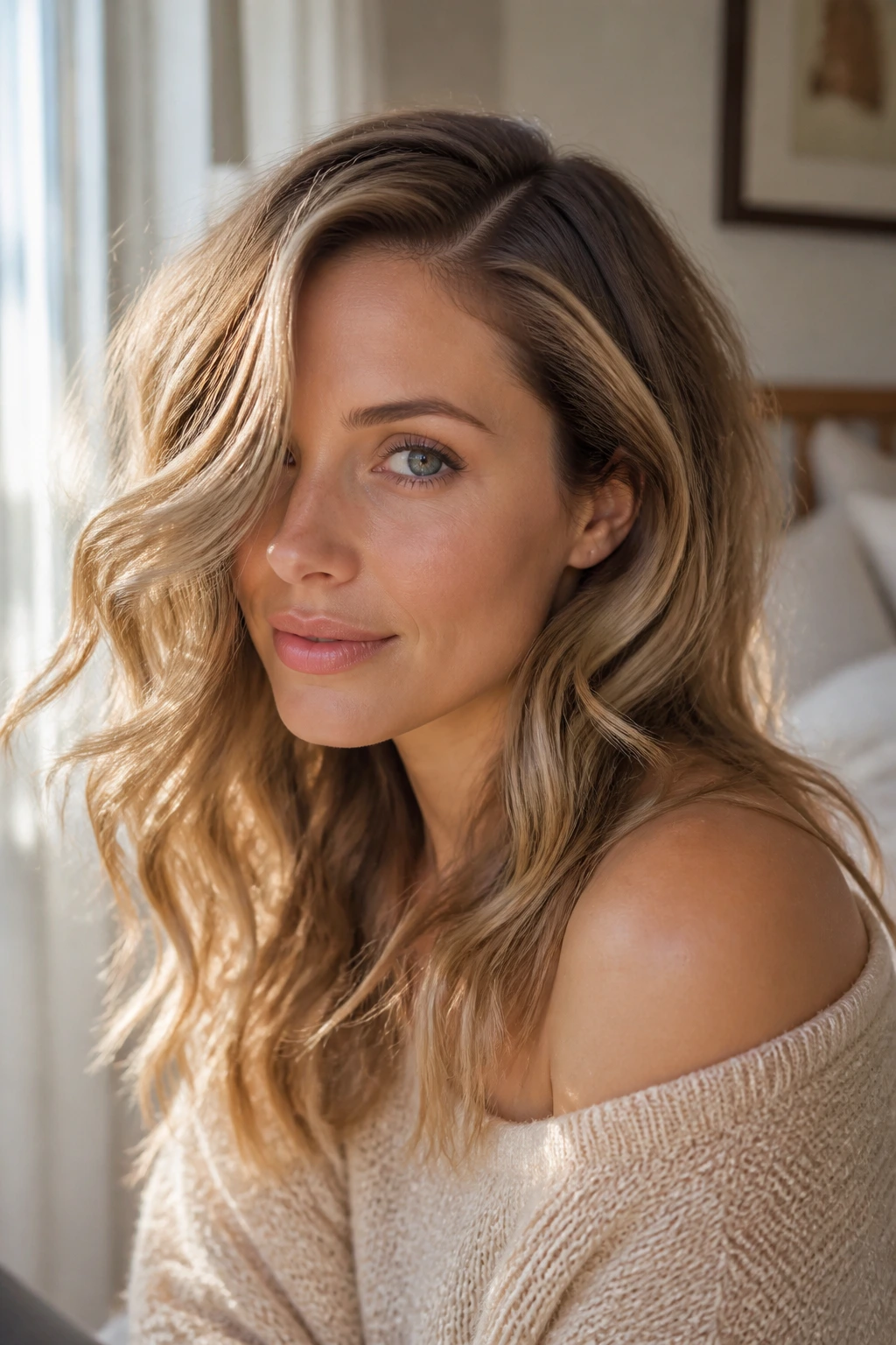 Close-up of real woman with loose waves and deep side part