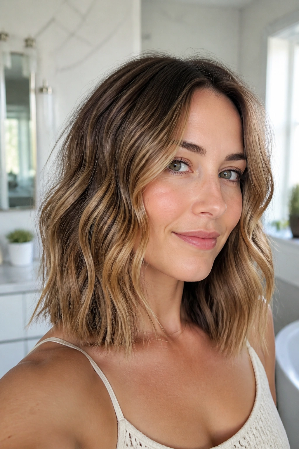 Close-up of a real woman with shoulder-length fine hair in loose waves, natural window light.
