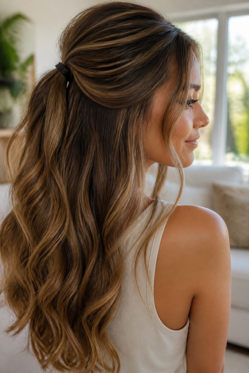 Portrait of a woman with loose waves and a half-up ponytail.