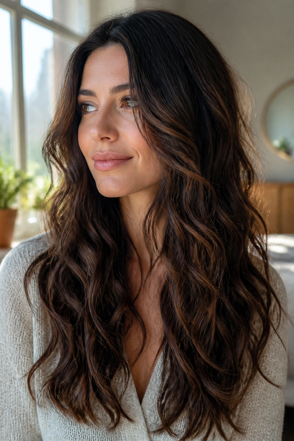 Close-up of a real woman with loose waves and long layers for open curl patterns.