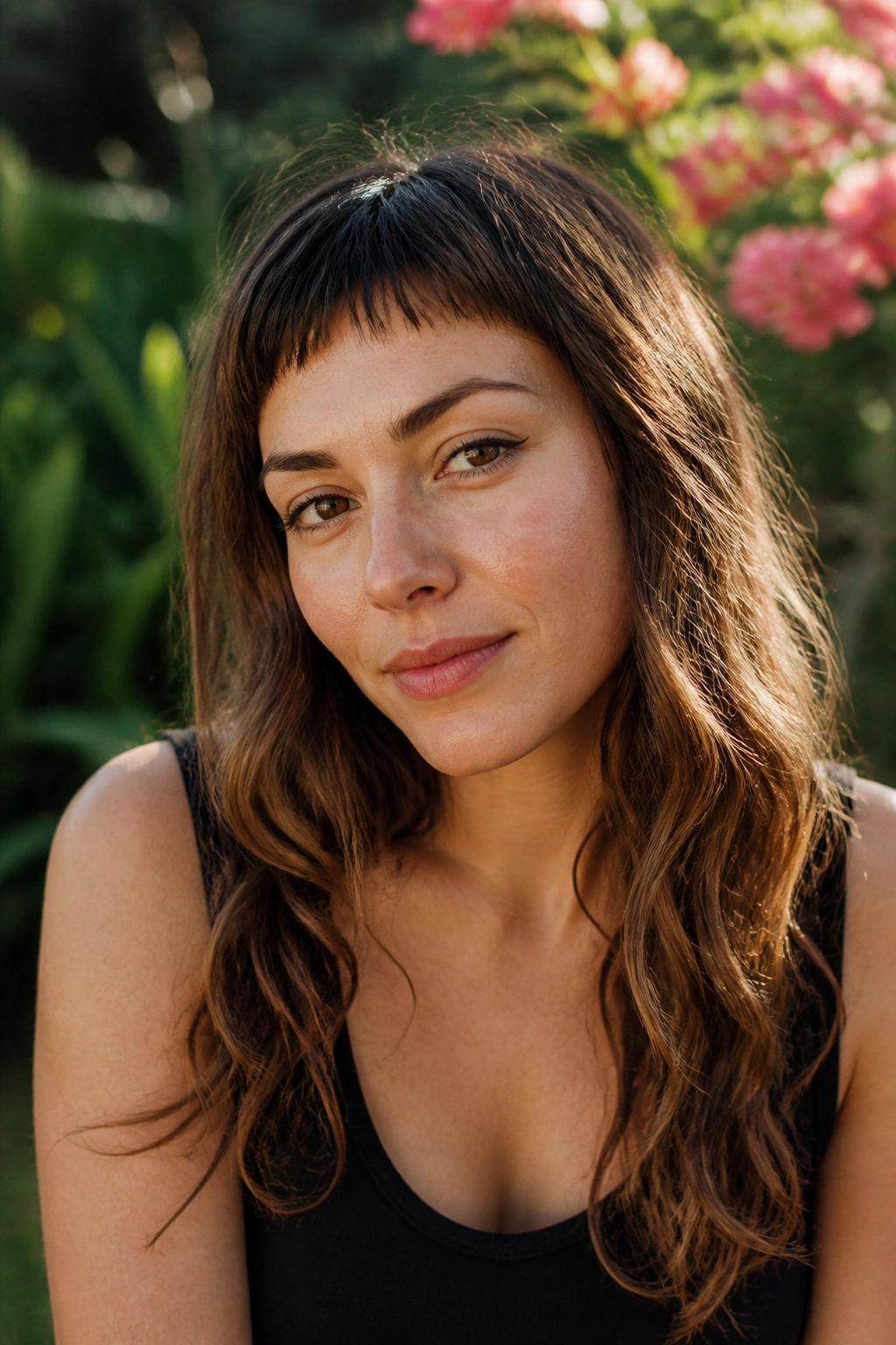 Close-up portrait with loose waves and micro bangs