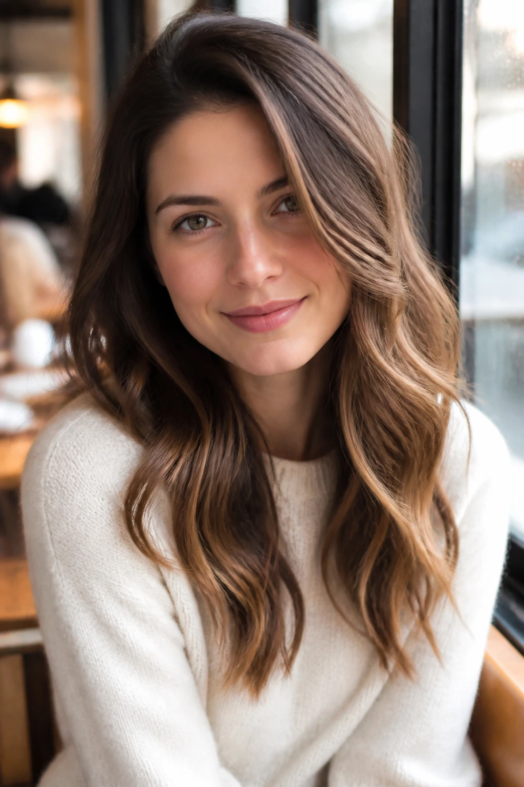 Close-up portrait of a real woman with loose waves off-center part