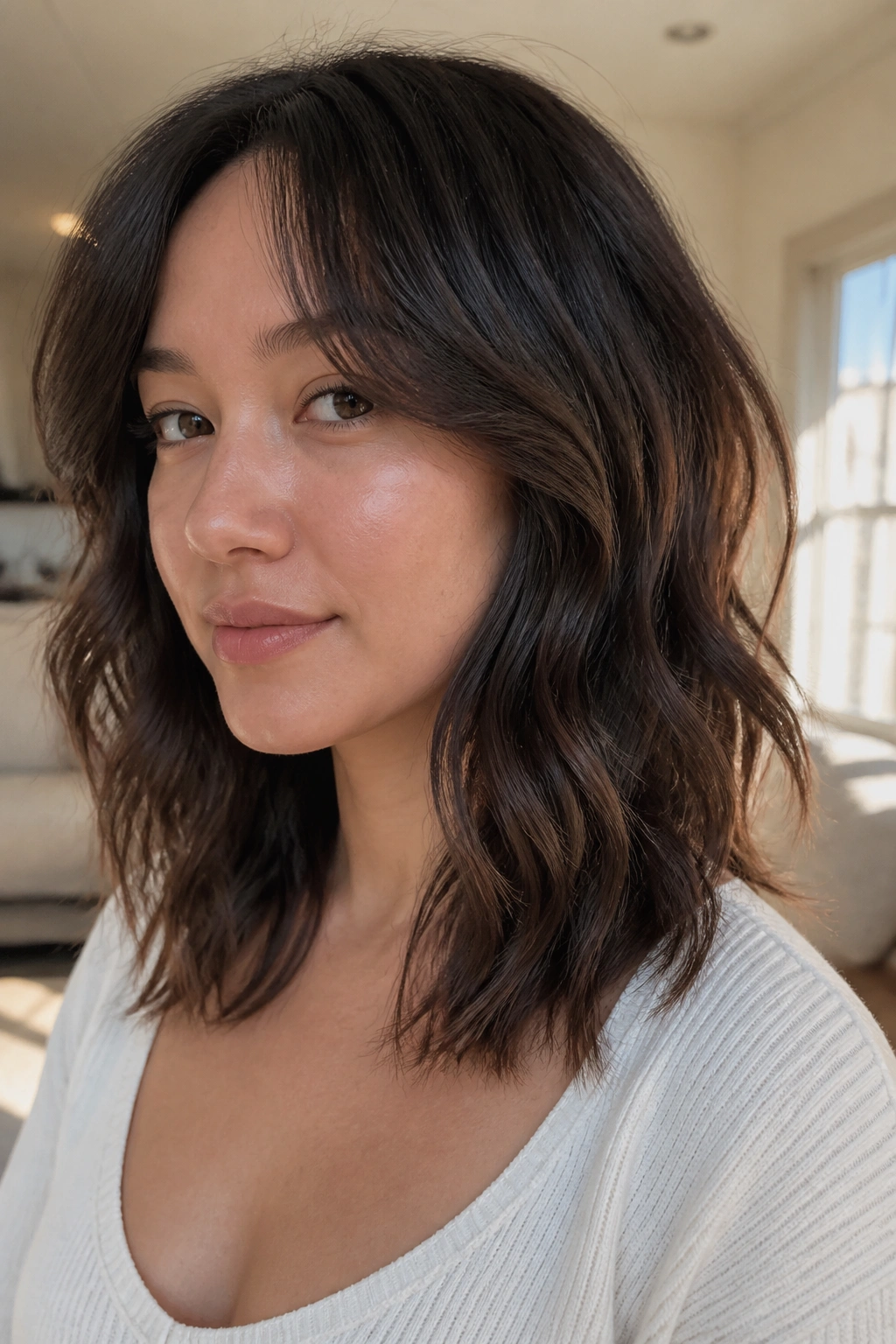 Close-up portrait of a real woman with loose shoulder-length waves