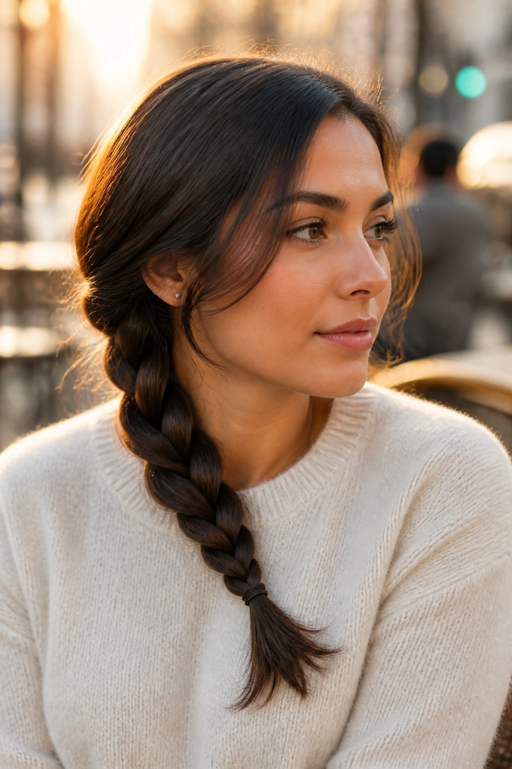 Close-up of a real woman with a side-swept low braid across the neck.