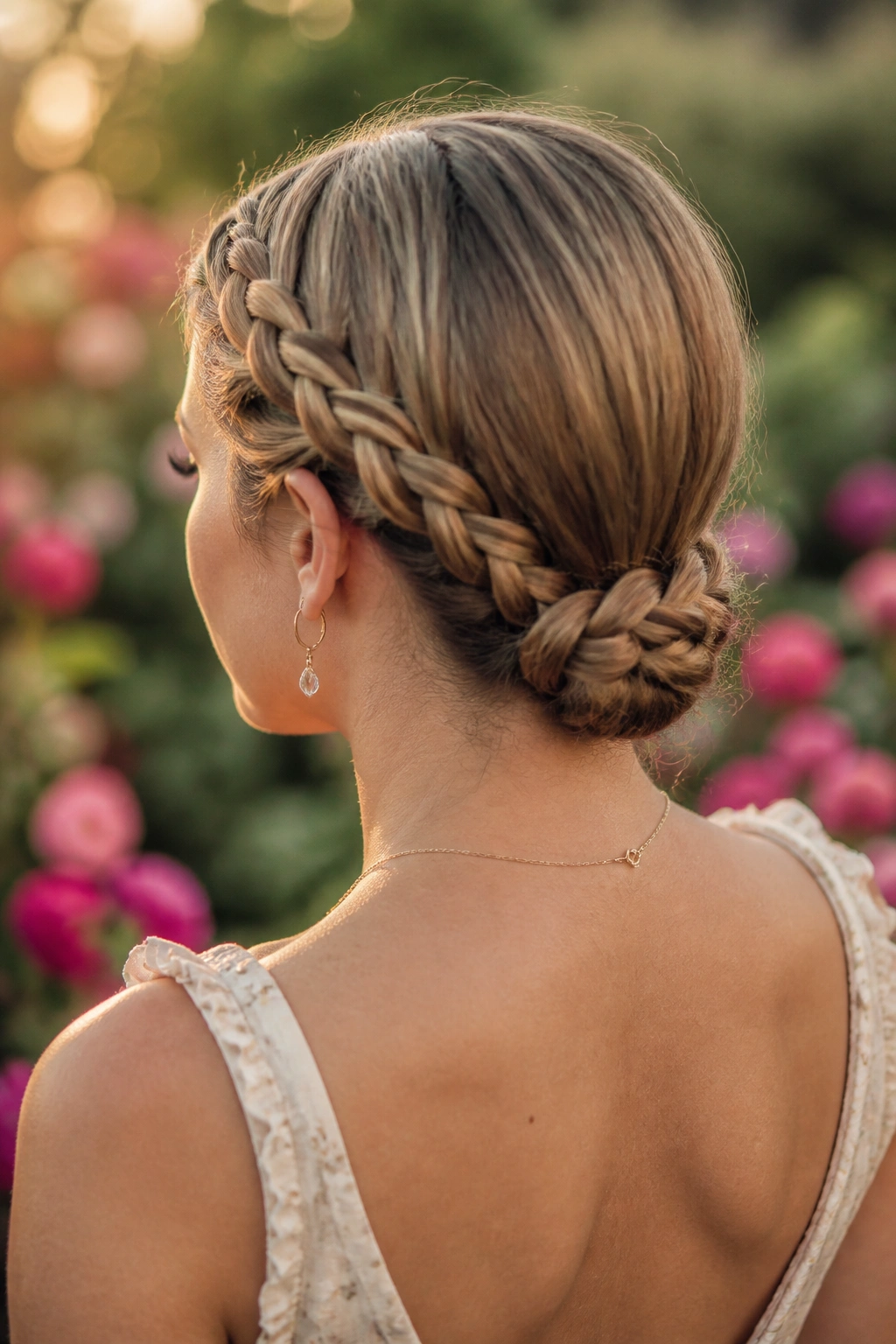Real woman with a low braided crown knot at the nape.