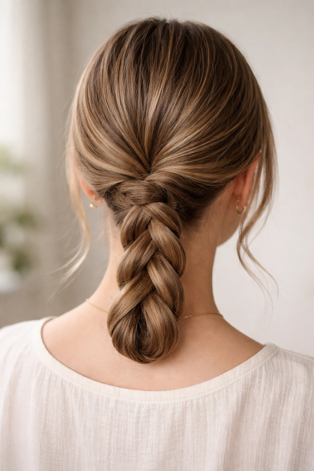 Back view of a real person with a low braided loop at the nape