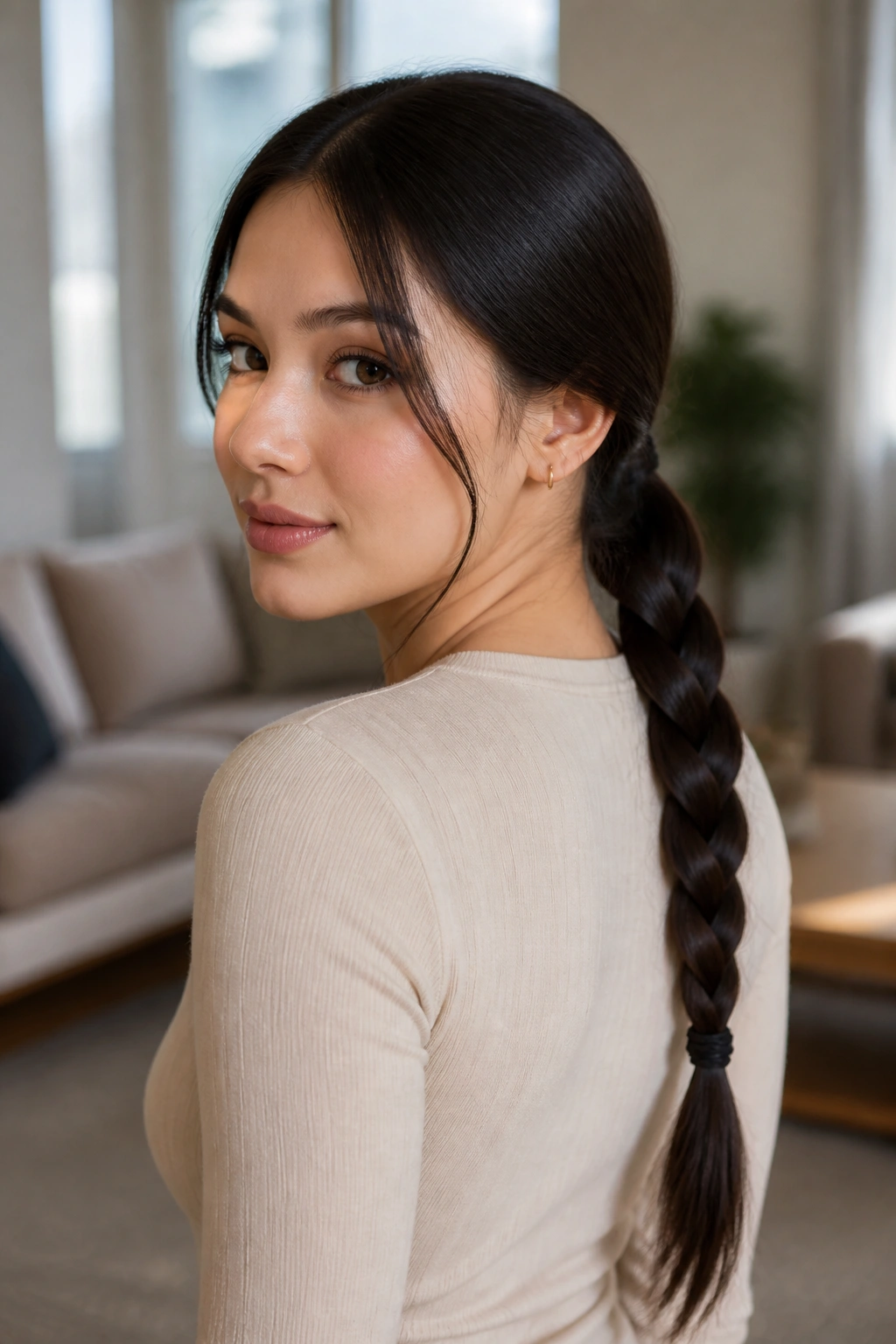 Close-up profile of woman with low braided ponytail