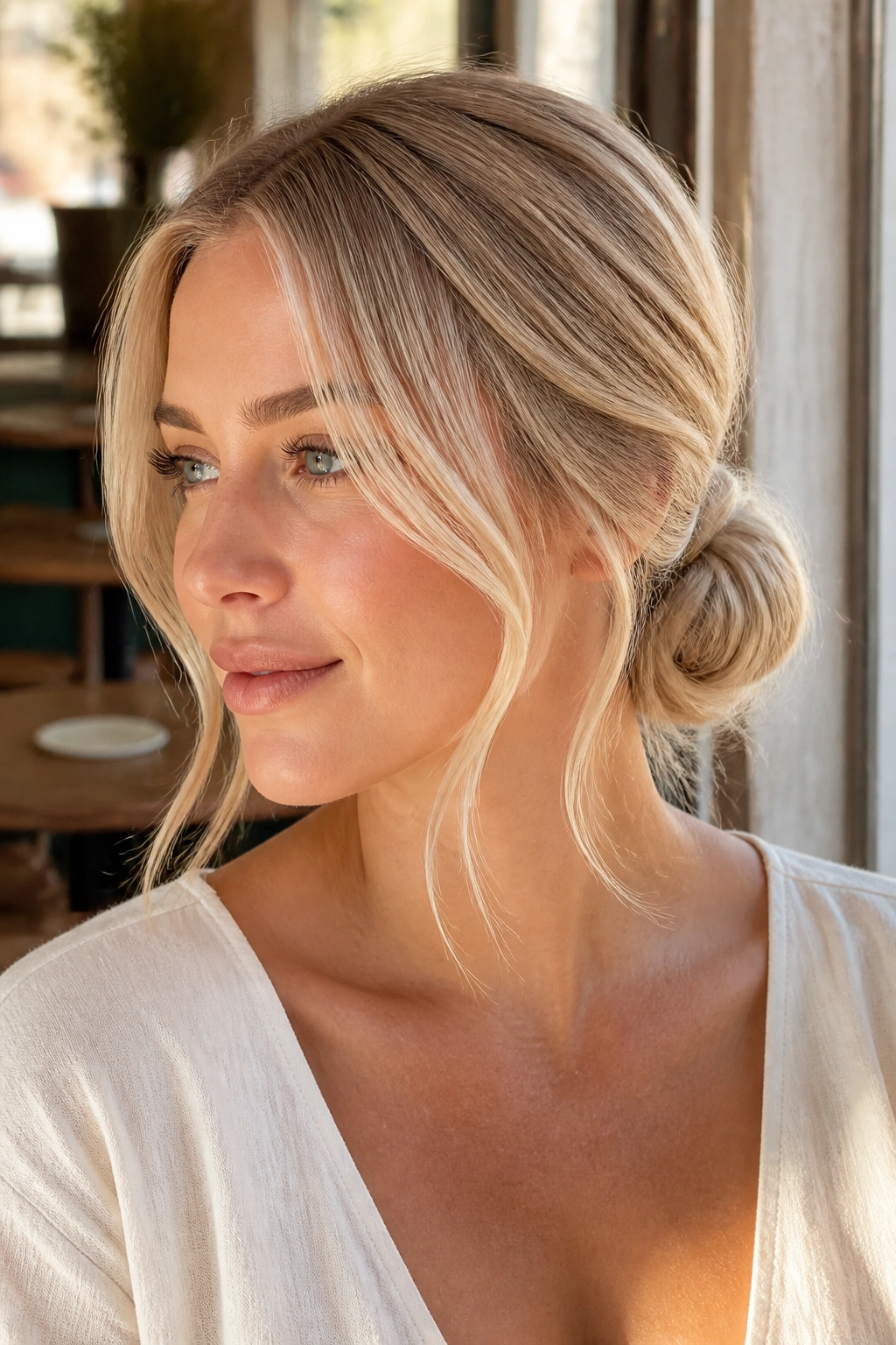 Close-up of a real woman with a low bun and soft face-framing pieces in sunlit cafe light