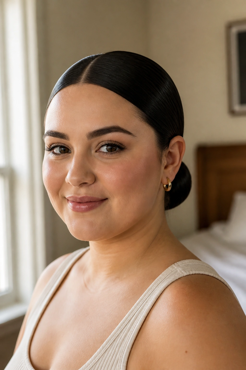 Close-up of a woman with a sleek center-part low bun at the nape
