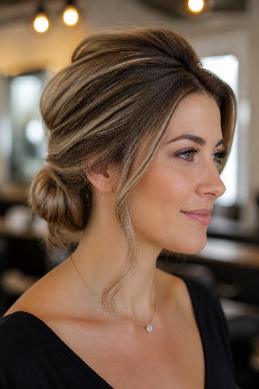 Close-up of real woman with crown volume and low bun