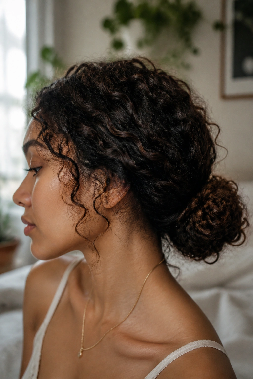 Close-up of a real woman with a loose low bun at the nape showing textured curls