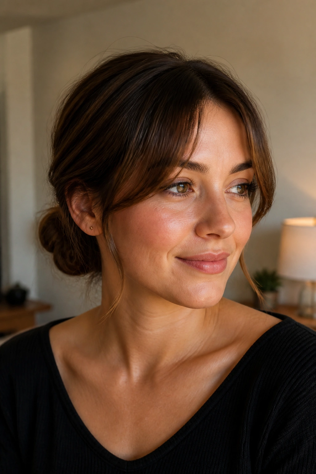 Close-up of a real woman with a low bun and curtain bangs framing the face