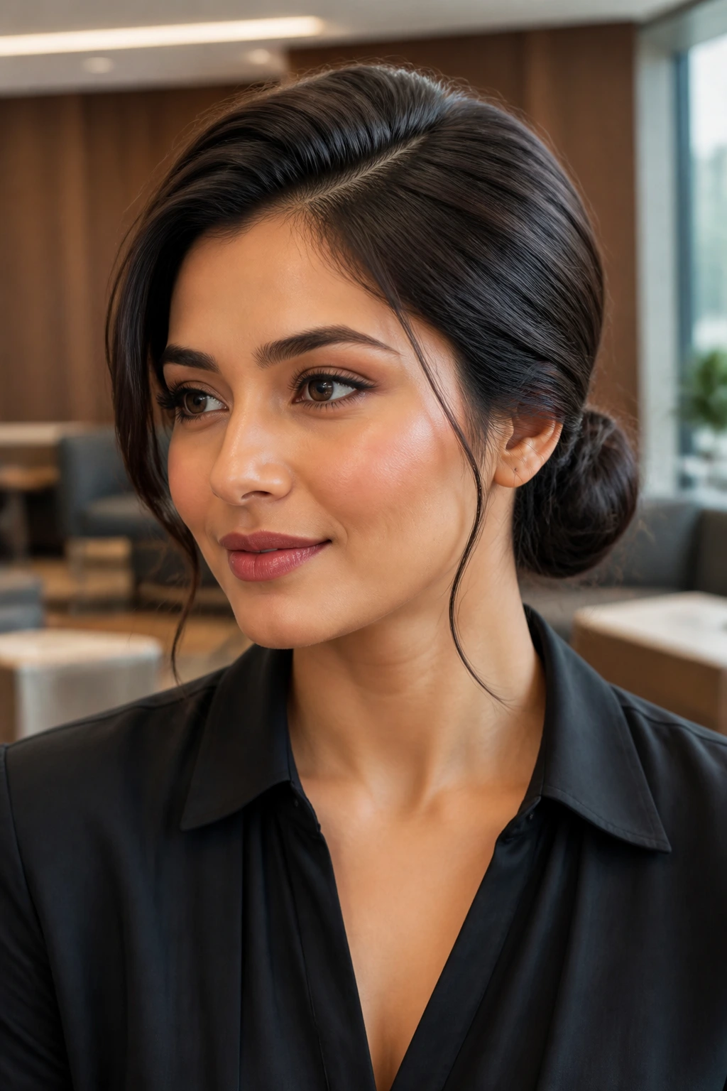 Portrait of a real woman with a low bun and deep side part