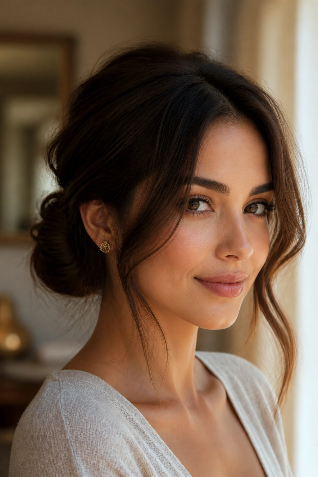 Close-up of a real woman with a low bun and face-framing pieces