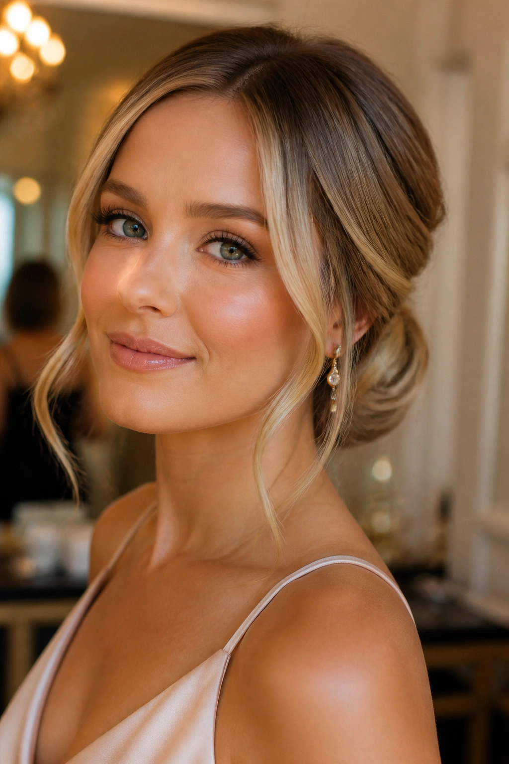 Close-up of a real woman with a low bun and face-framing pieces