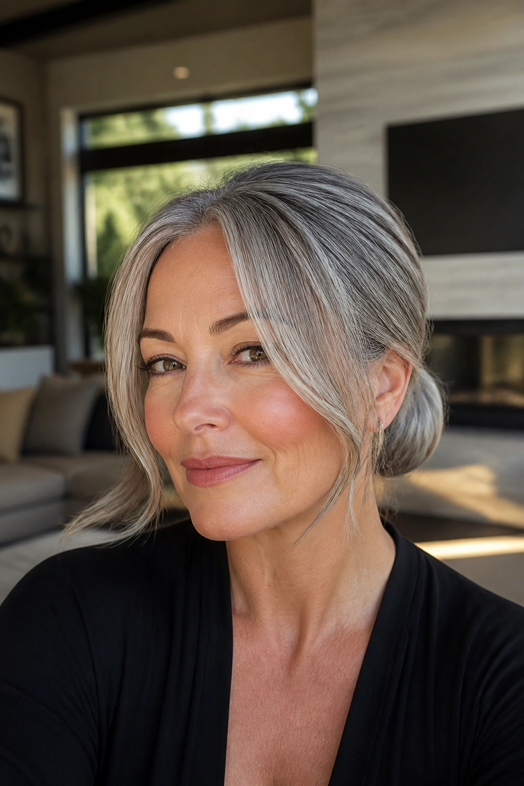 Portrait of a real woman with a sleek low bun and face-framing pieces.