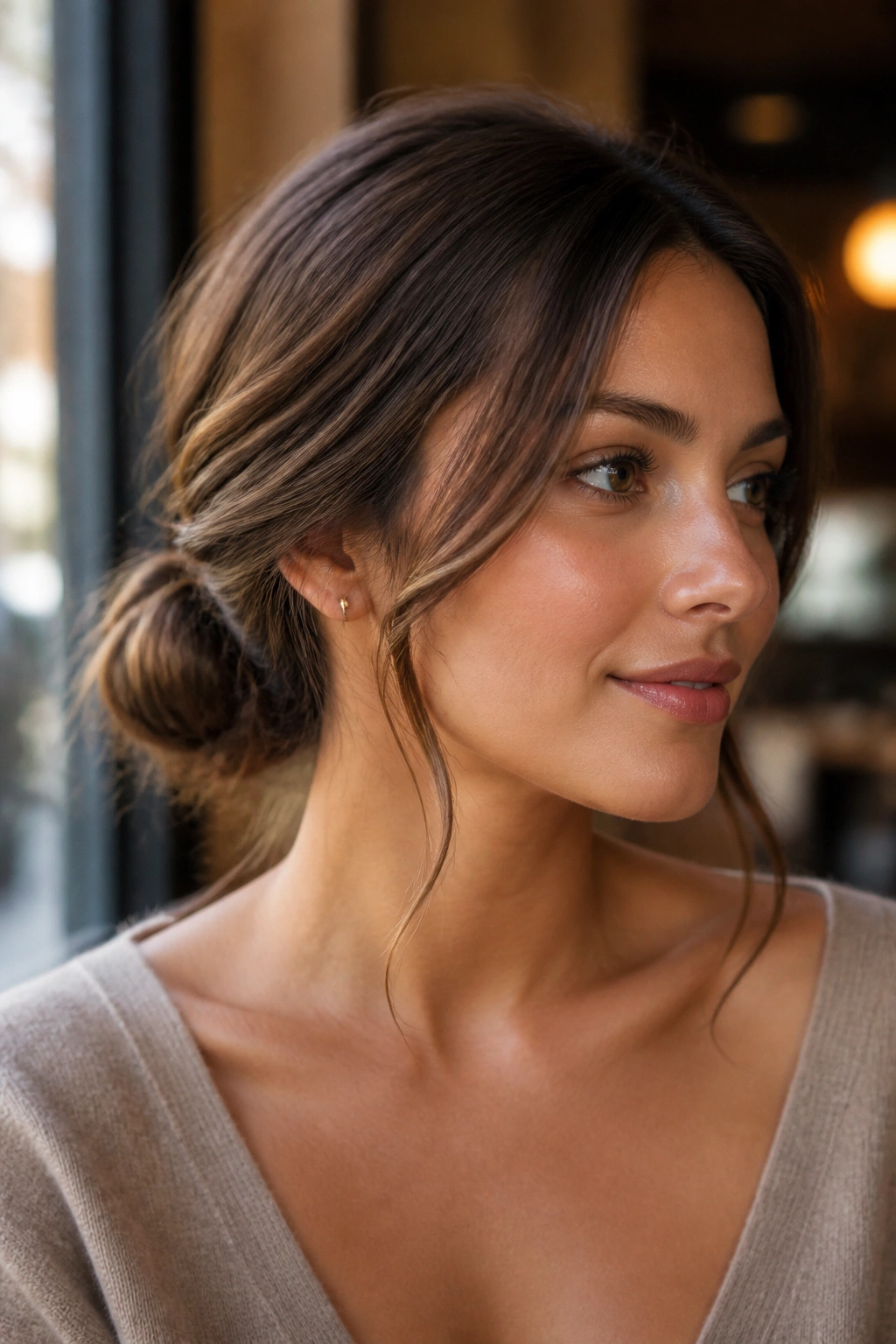 Real woman with a low bun and face-framing pieces framing the cheeks