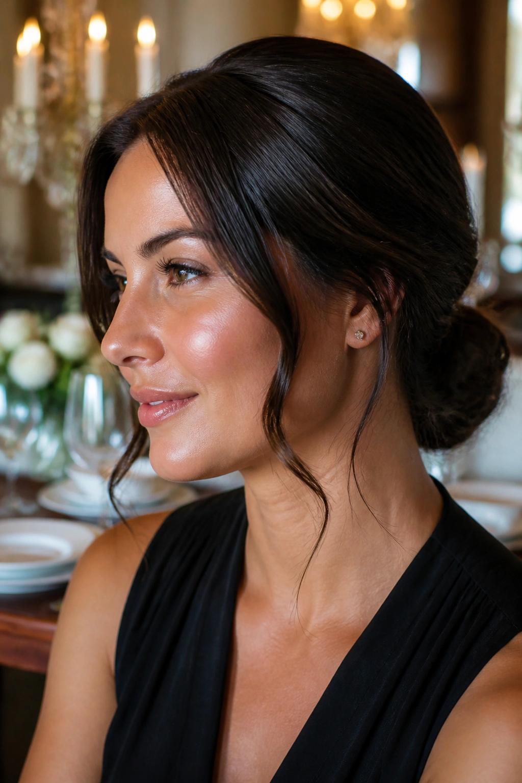 Close-up of a woman with a low bun and soft tendrils framing her face