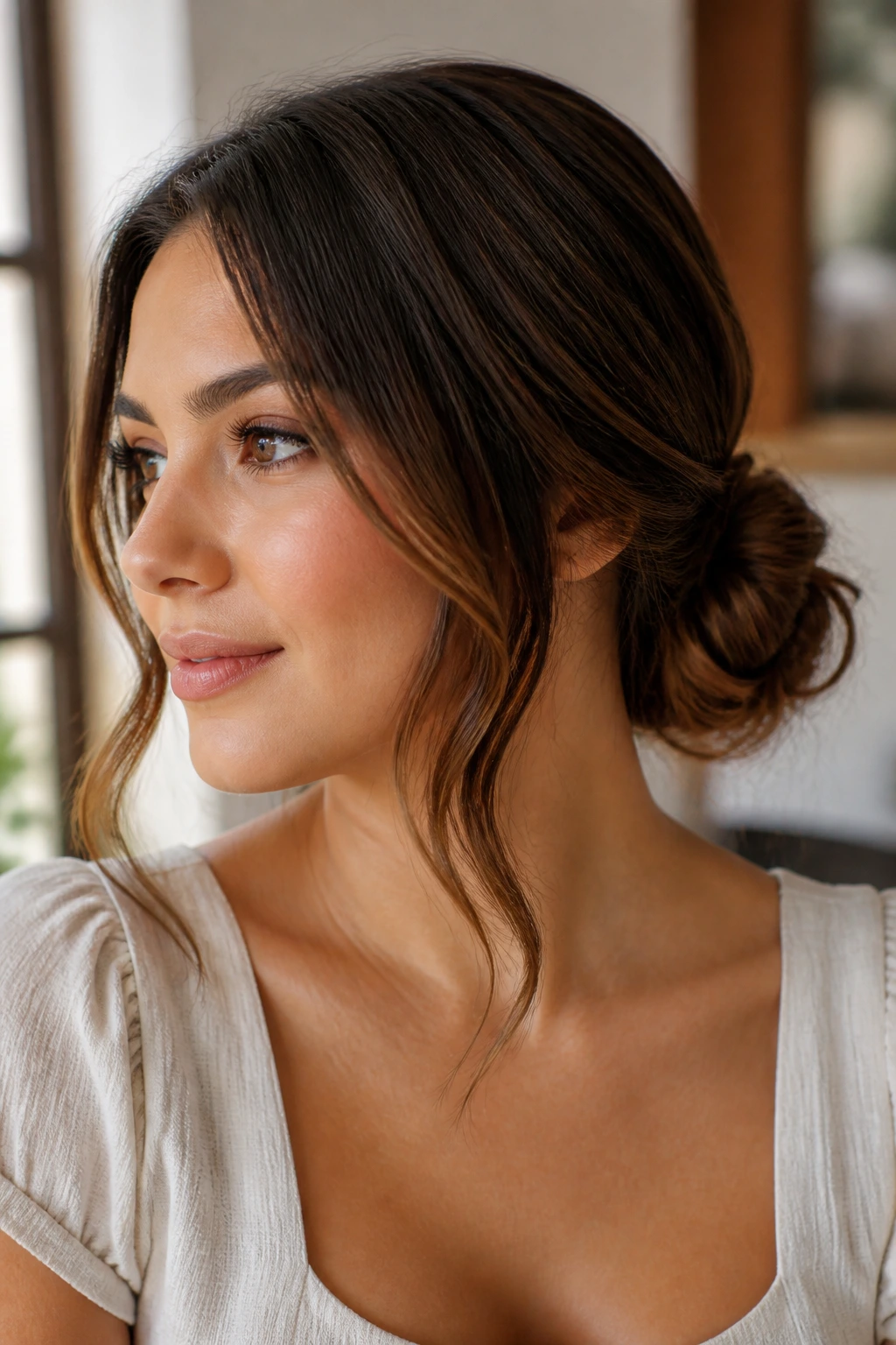 Real woman in a low bun with loose tendrils