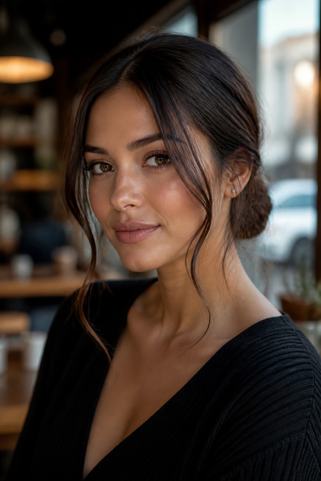 Close-up of a real woman wearing a low bun with soft tendrils around the face.