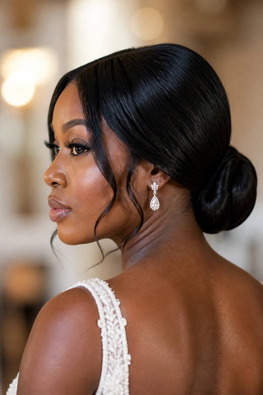 Close-up portrait of a real woman with a sleek low bun woven into her hair.
