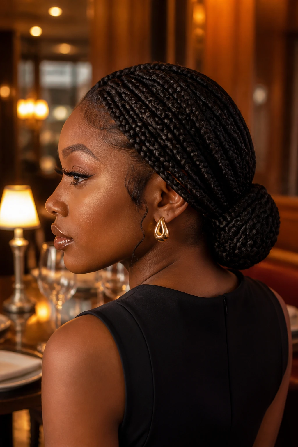 Close-up portrait of a real woman with a low chignon made from box braids