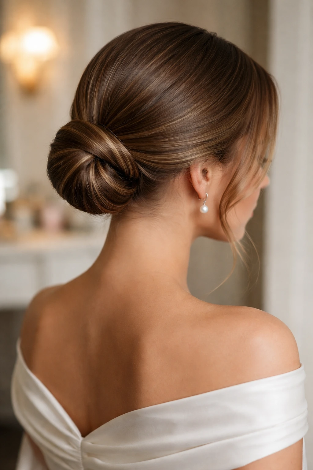 Close-up of a real woman with a low chignon bun at the nape of the neck