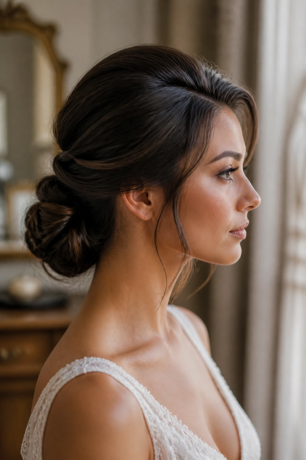 Side-profile of a bride with a low chignon and lifted crown