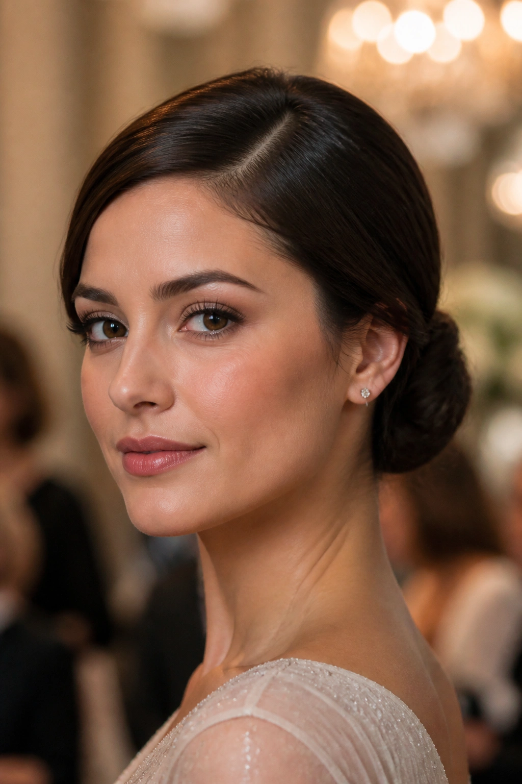Real woman wearing a narrow low chignon with a deep part at the nape.