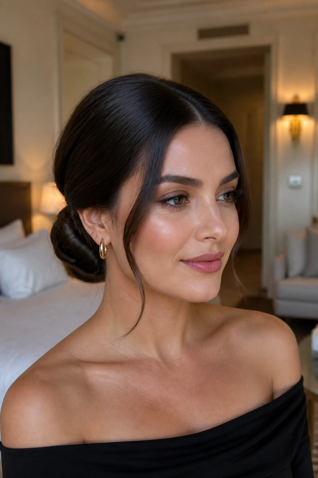 Close-up portrait of a real woman with a low chignon and face-framing pieces.
