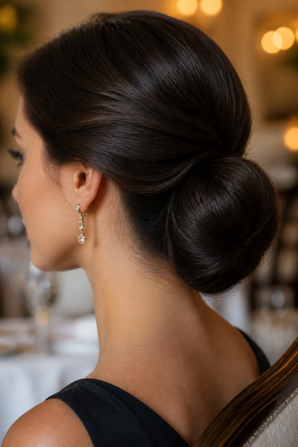 Close-up of a real woman with a low chignon at the nape