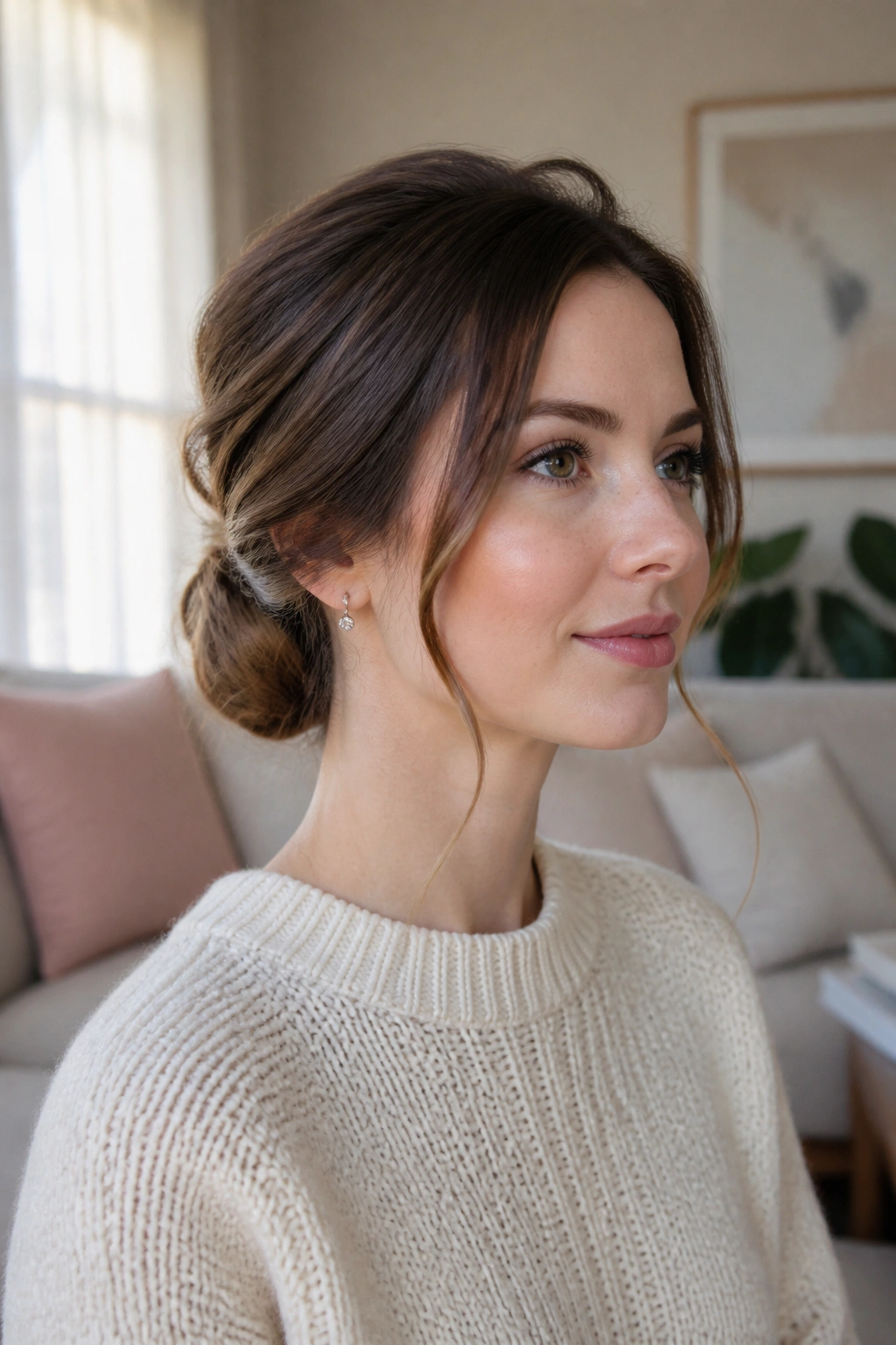 Close-up of a woman wearing a soft low chignon
