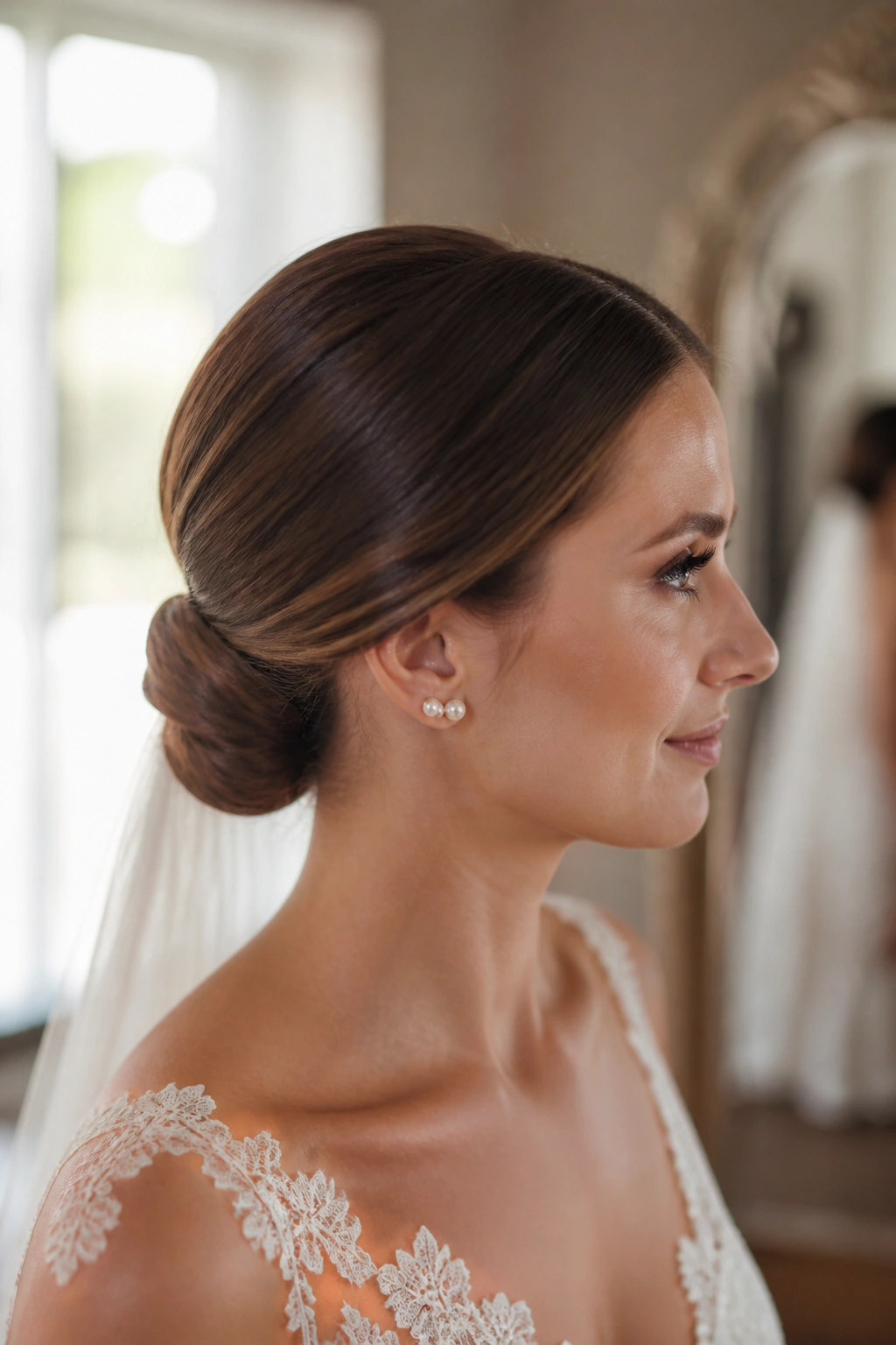 Close-up bride with classic low chignon at the nape in window light