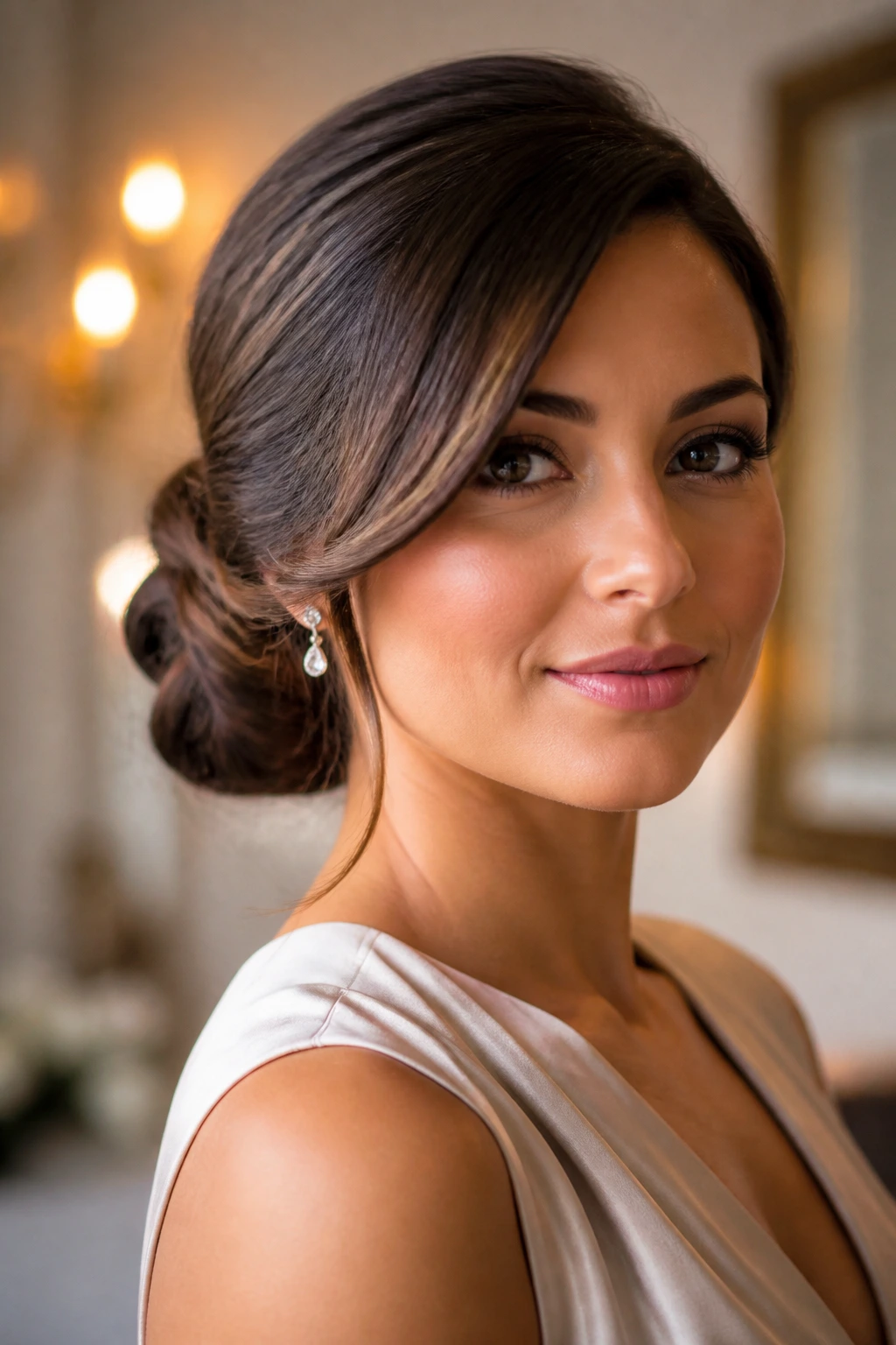 Close-up of a real woman with a low chignon and side sweep hairstyle