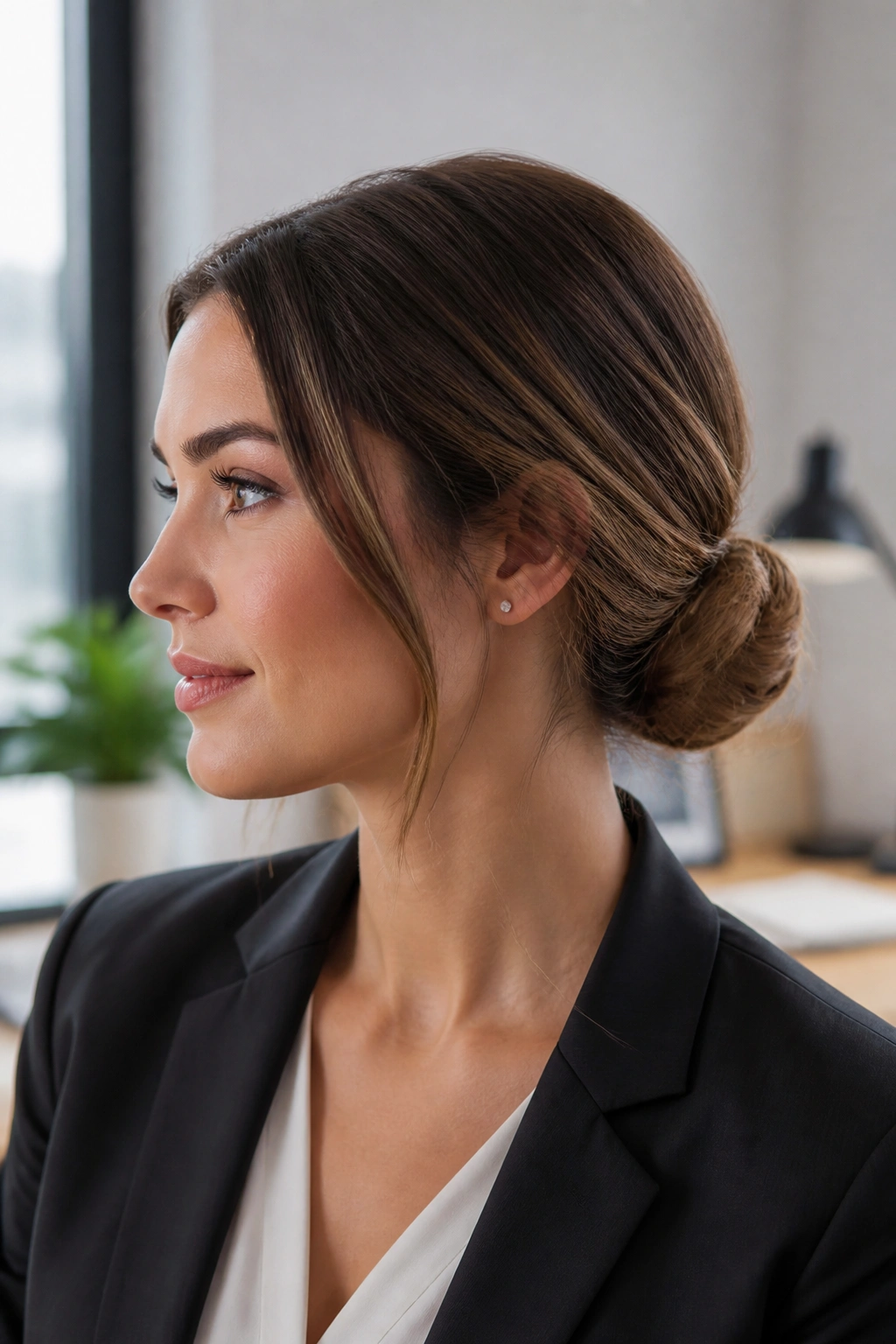 Close-up of a real woman with a low chignon at the nape in a softly lit office.