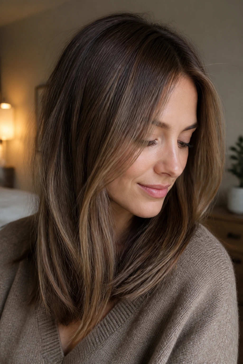 Close-up portrait of a woman with fine hair and low-contrast bronde highlights