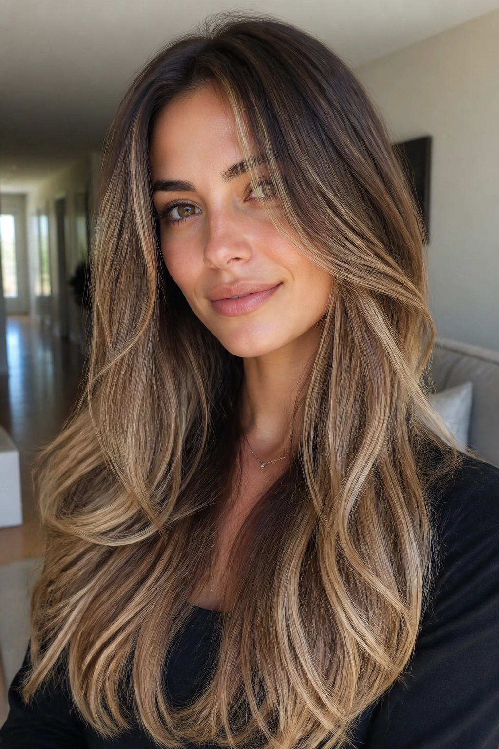 Close-up portrait of a real woman with low-contrast brown blonde ombre on long hair