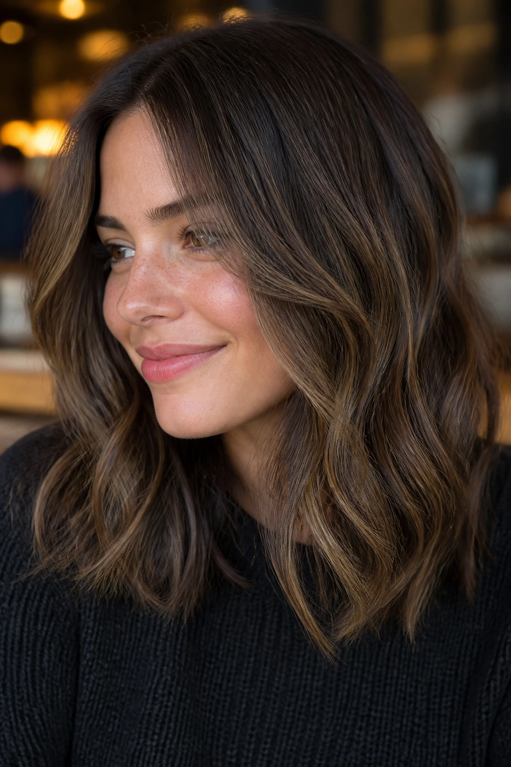 Close-up portrait of a real woman with low-contrast brunette balayage and easy grow-out