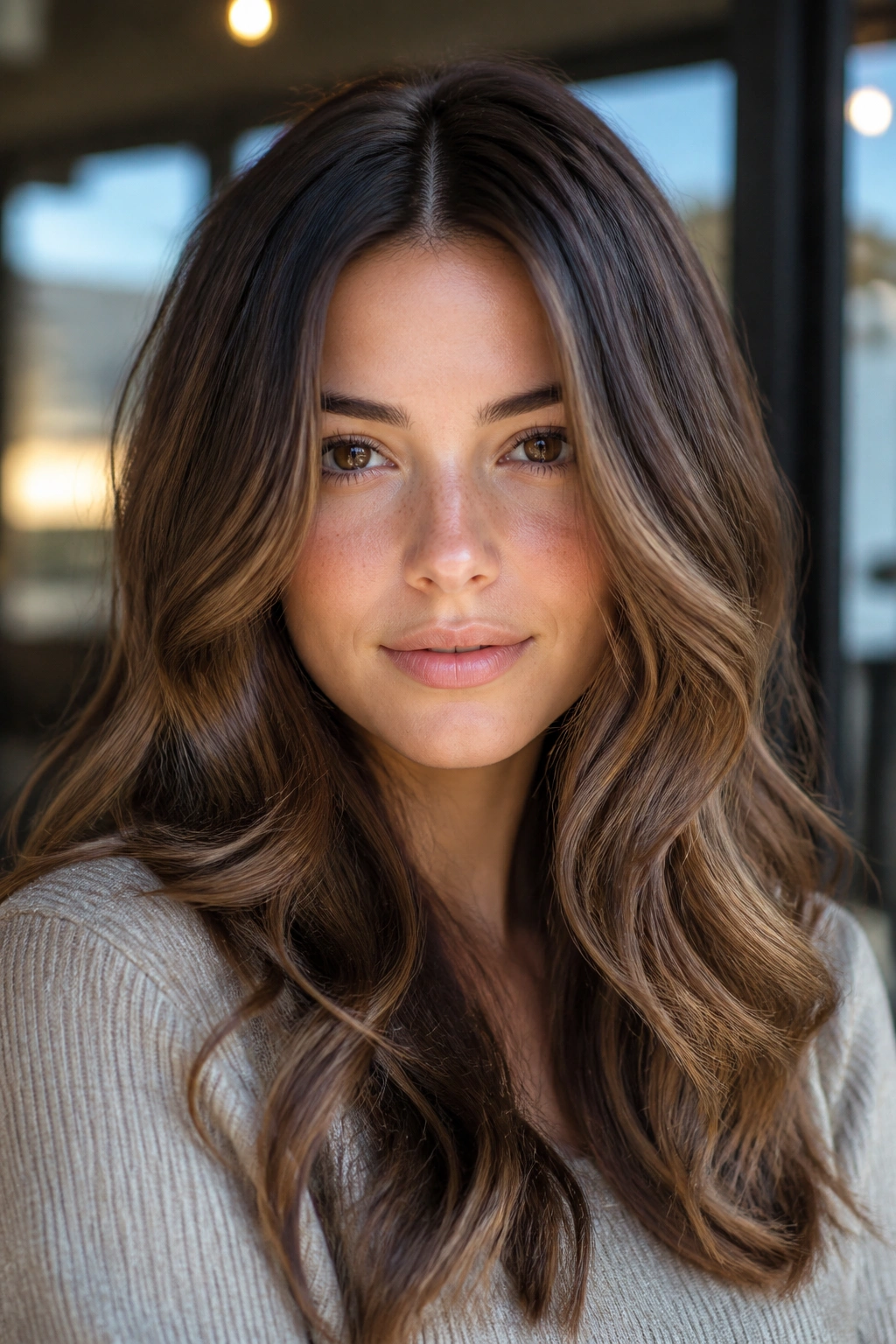 Close-up of low-contrast glossy hazelnut dimension on a real person's hair
