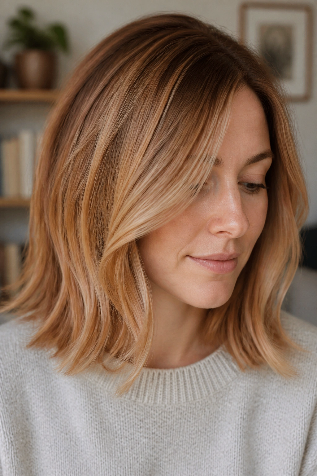Close-up of fine hair with low-contrast strawberry balayage