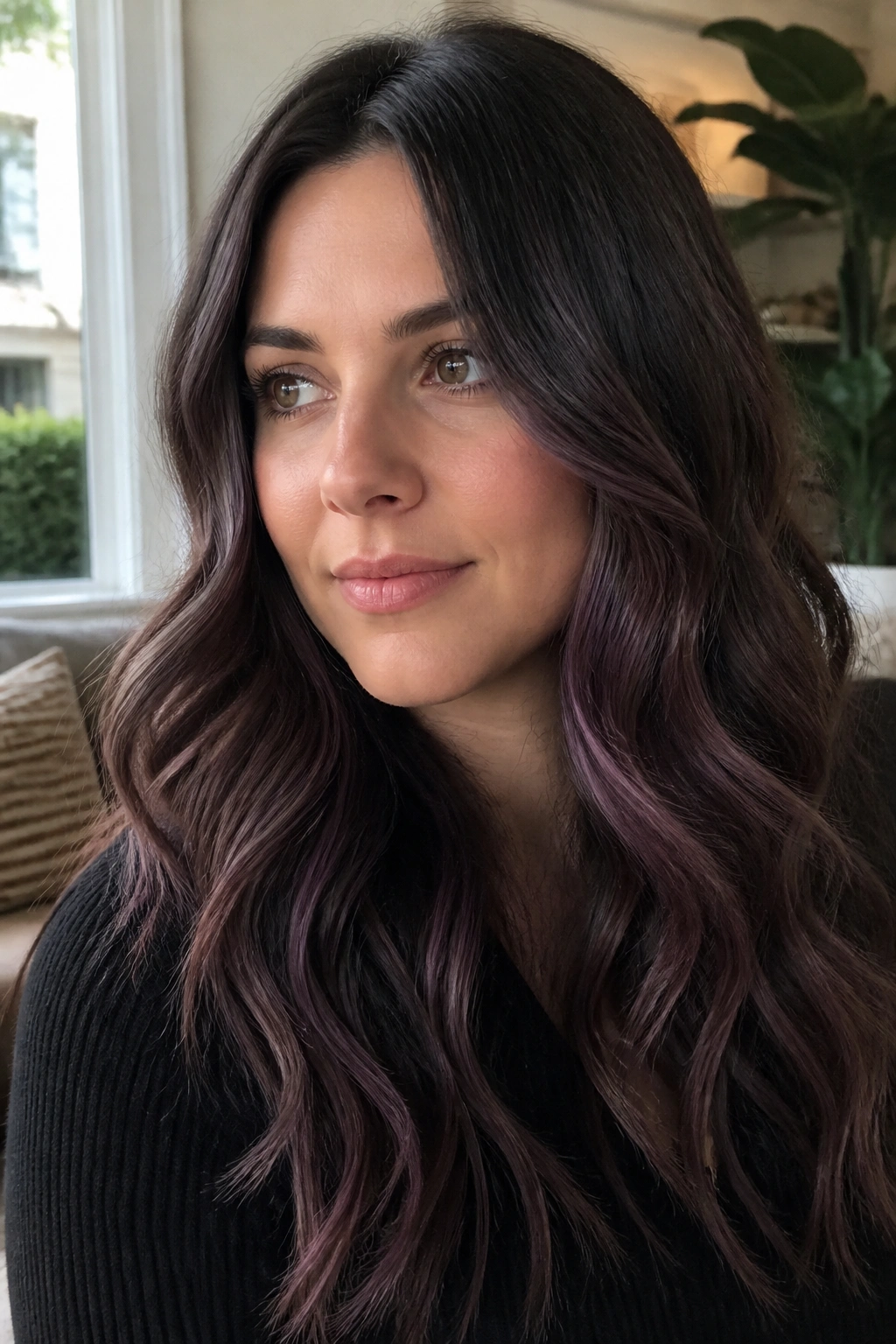 Close-up of low-contrast purple-brown waves framing the face
