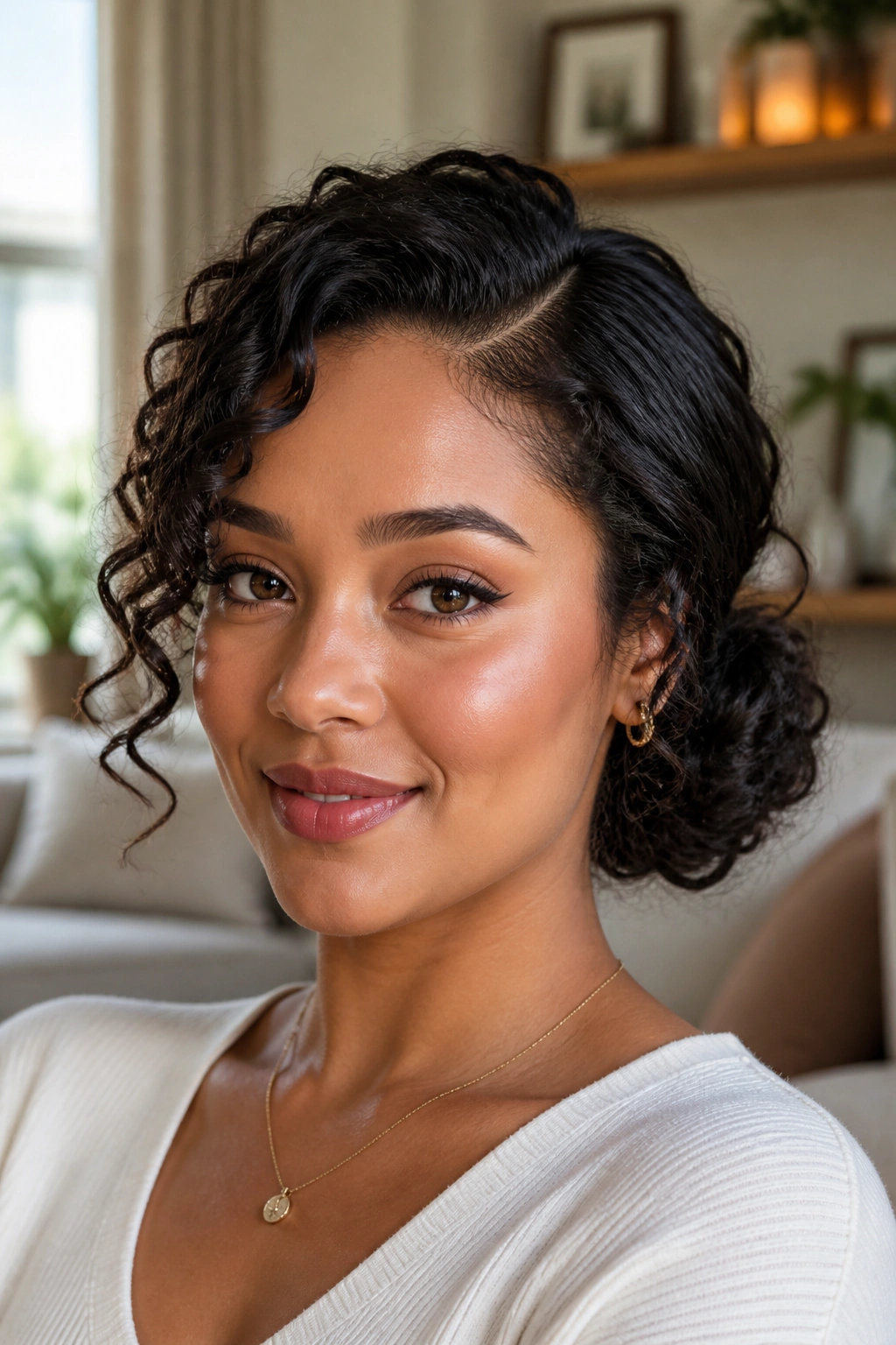 Real woman with a low curly bun off-center and deep side part in warm living room light.