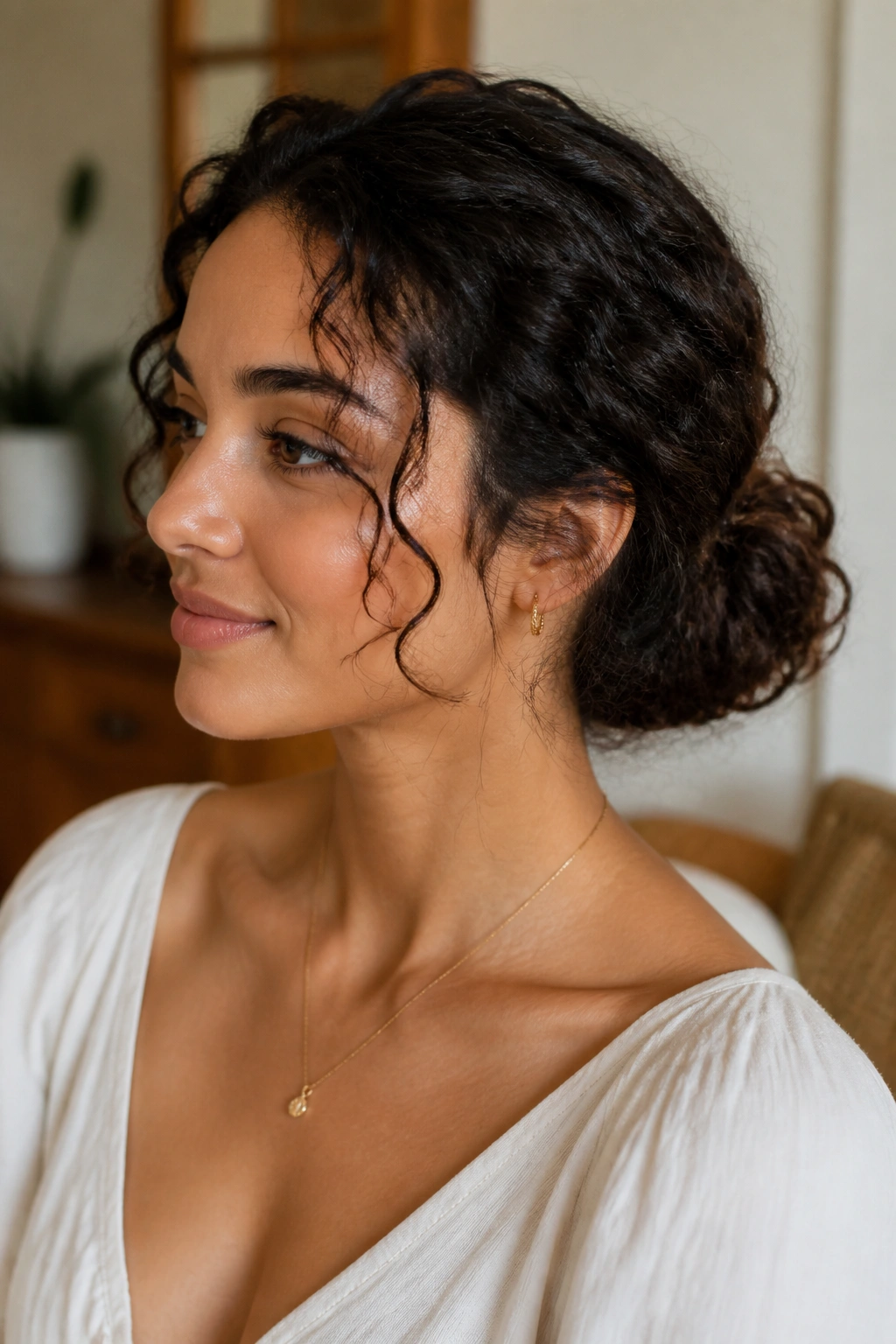 Close-up of a real woman with low curly bun and tendrils
