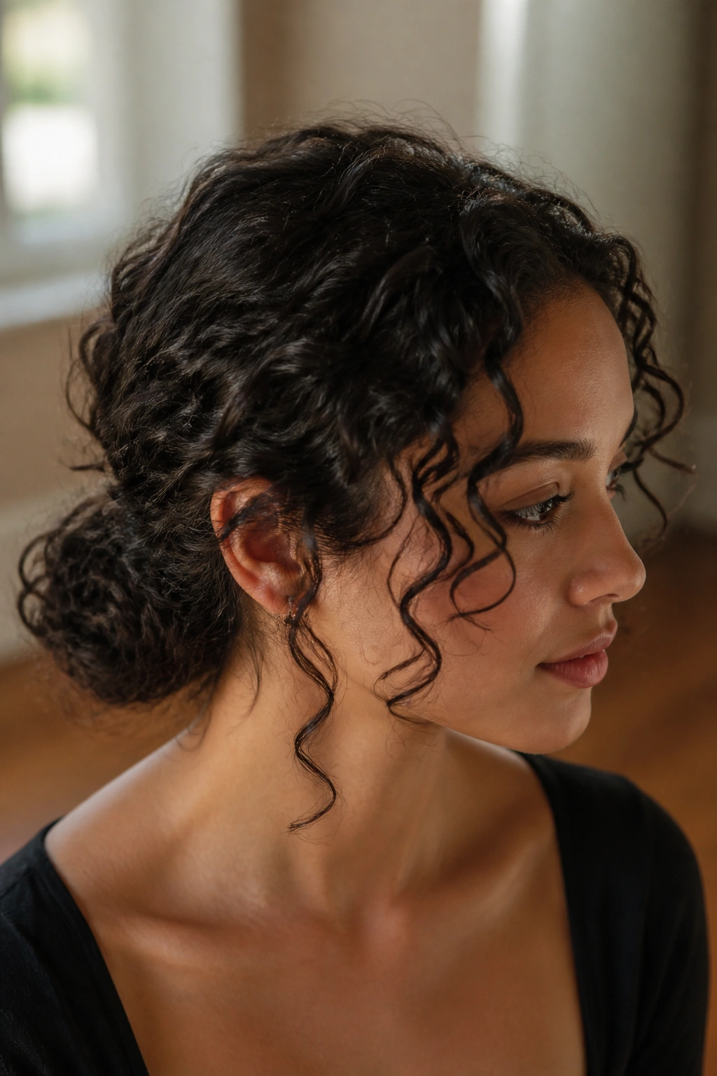 Close-up portrait of a real woman with a low curly chignon at the nape and loose curls framing the face.