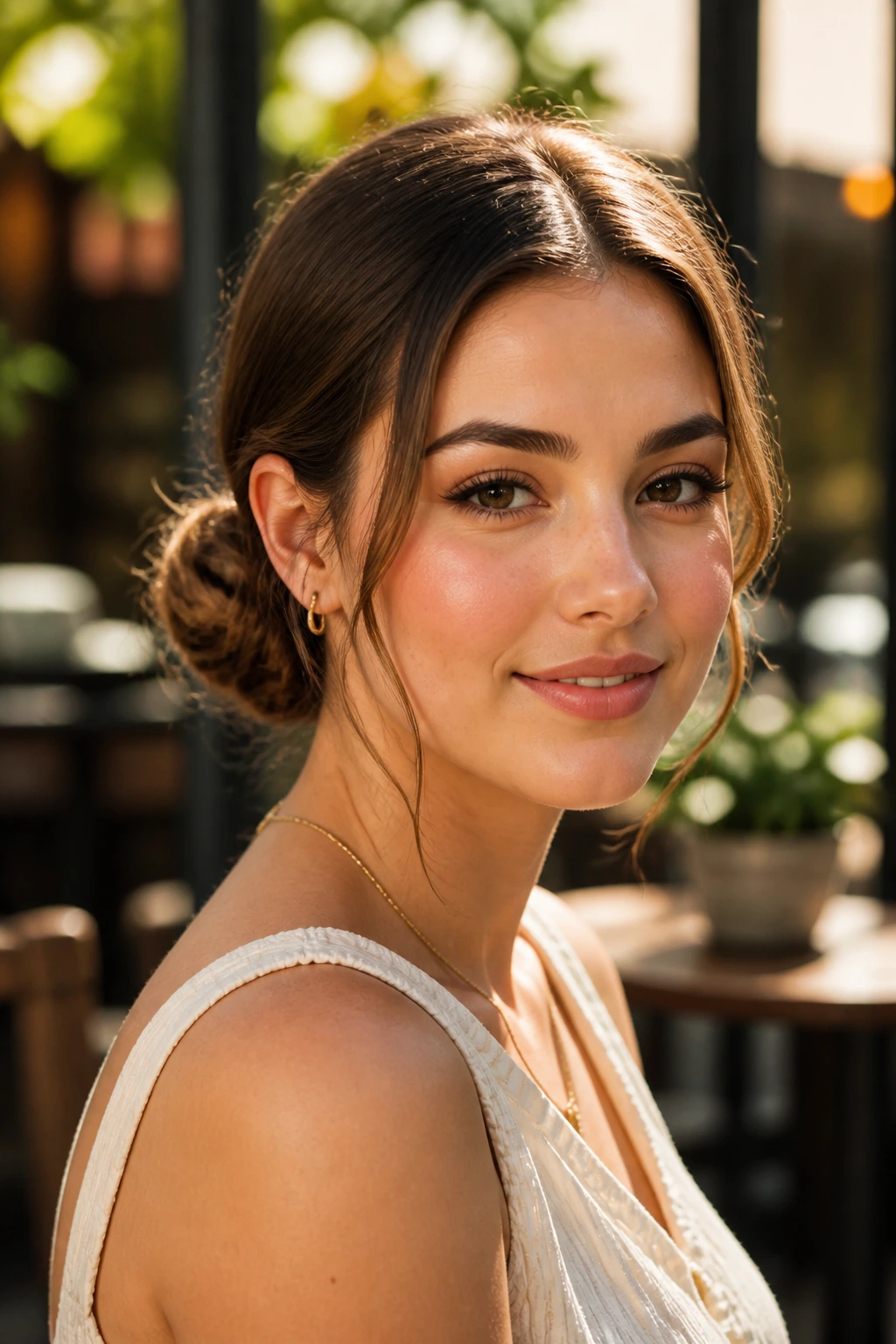 Portrait of woman with low double buns and tendrils in warm outdoor light