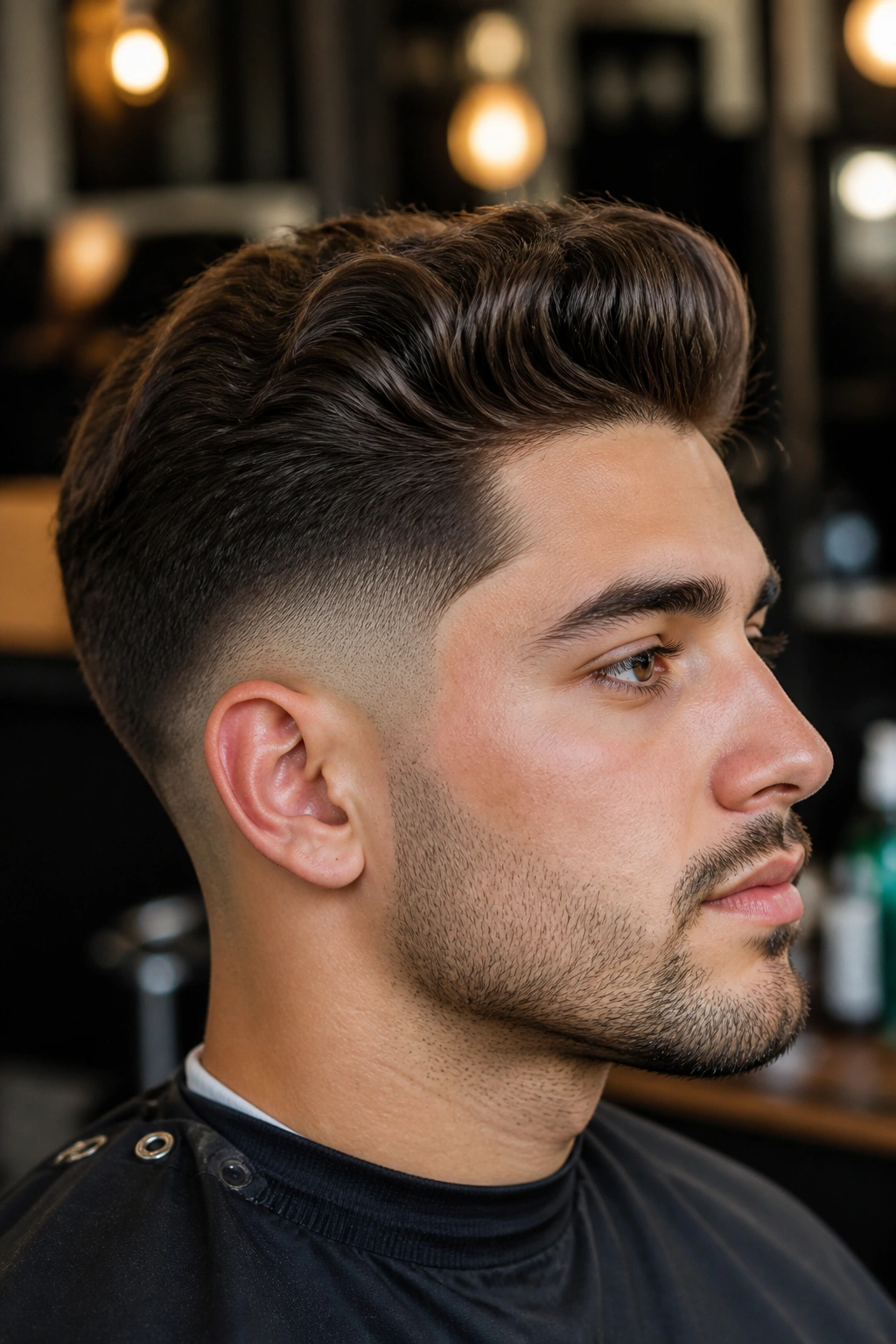 Close-up portrait of a person showing a low drop fade with voluminous top.