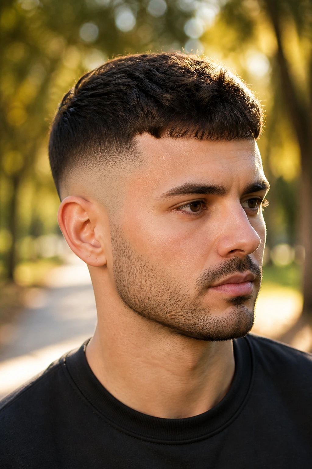 Close-up portrait of a man with a low fade crop in a park during golden hour.