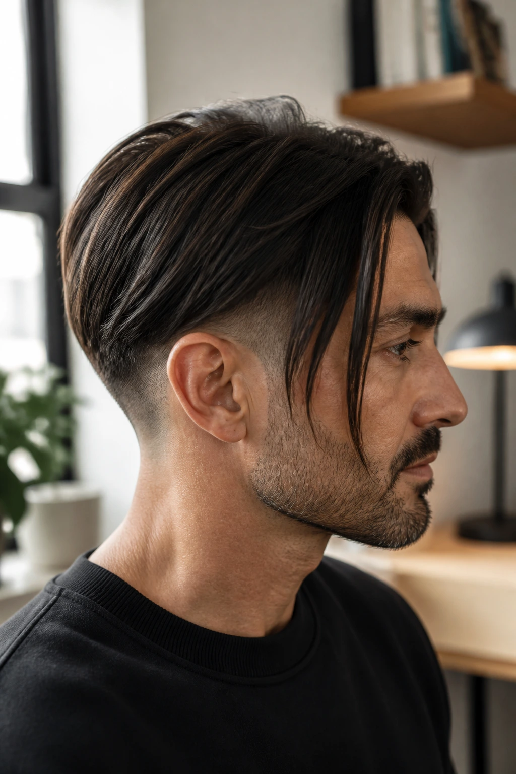 Close-up of man with low fade inverted bob in bright window light