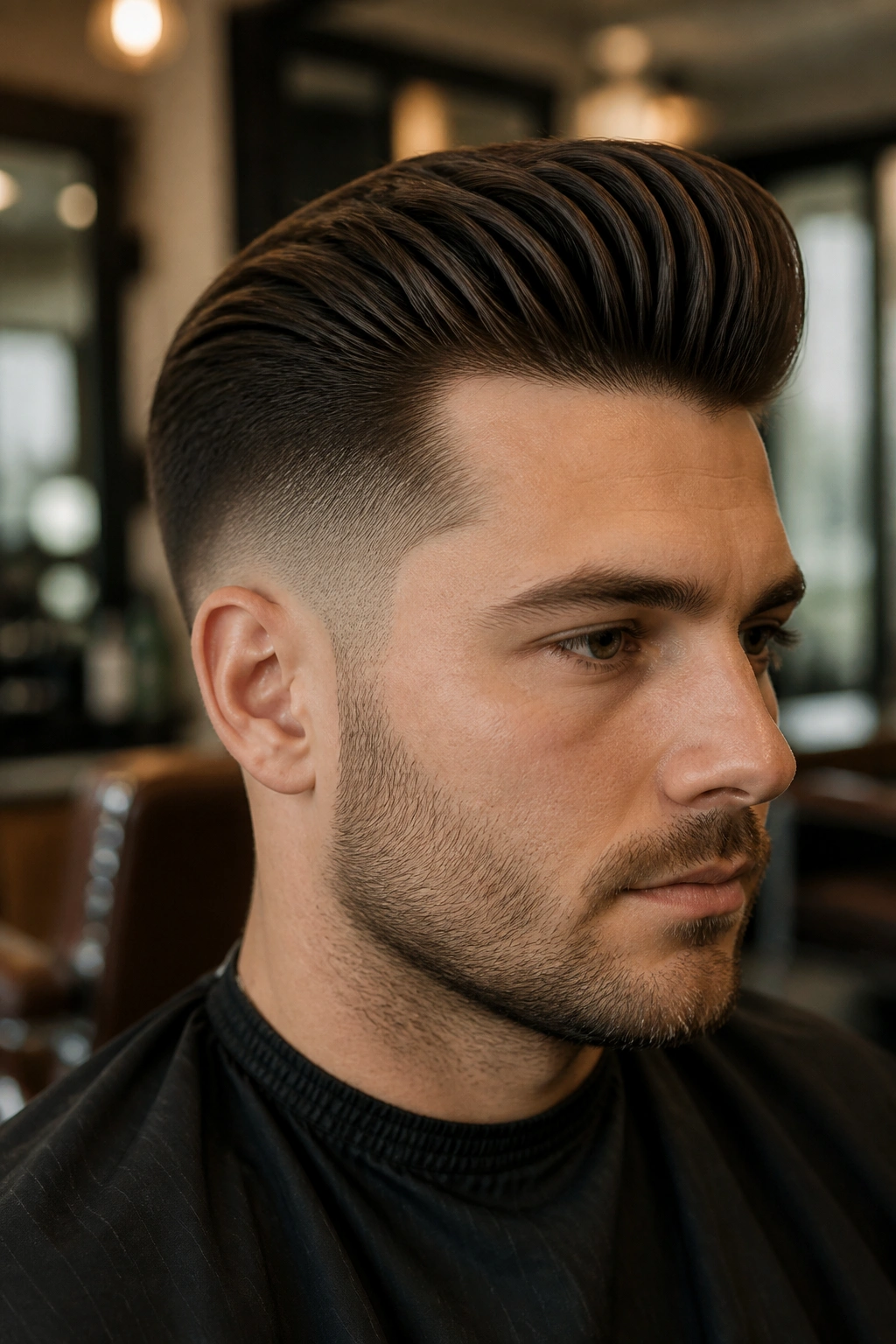 Close-up of man with low fade pompadour and long top