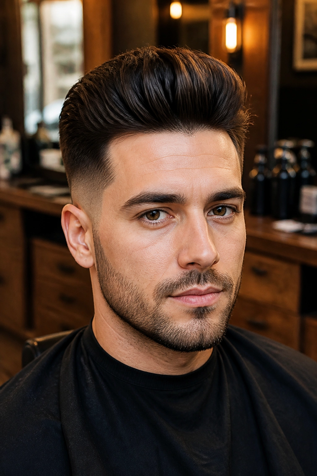 Portrait of a man with a quiff and a low fade in a barber shop